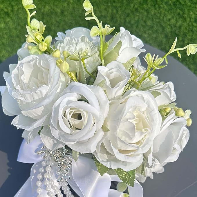 8.6 Inch Wedding Bouquets for Bride Bridesmaid, Ivory White Green Bouquet with Pearl Chains Artificial Fake Silk Roses Flowers for Wedding Boho Rustic Church Decoration Toss Bouquet