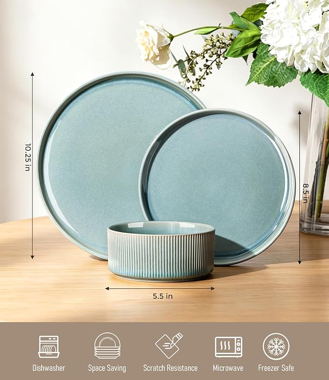 GBHOME 24-Piece Stoneware Dinnerware Set for 8 – Ribbed Ceramic Plates and Bowls, Scratch-Resistant, Microwave & Dishwasher Safe, Reactive Glaze, Malachite Green