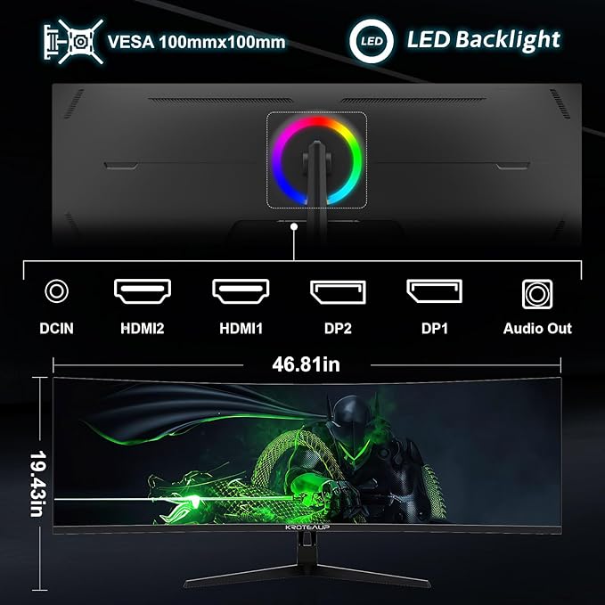 49 Inch Curved Ultrawide Gaming Monitor 5K, DFHD(5210x1440P), 165Hz, HDR10 1500R, 32:9, AMD FreeSync, 125% sRGB, Computer Monitor, Built-in Speakers, HDMI/DP VESA100*100mm Black
