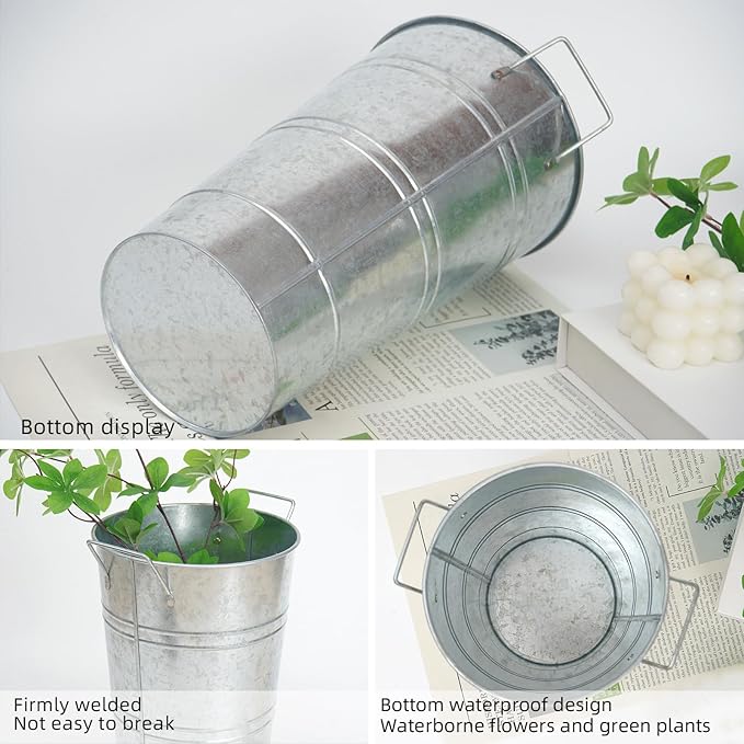 Notakia 12 Inch Large Galvanized Metal Vases Farmhouse French Flower Bucket Vases for Cut Flowers for Home Decor and Wedding Table Centerpiece Decorations (Large Silver Set of 4)