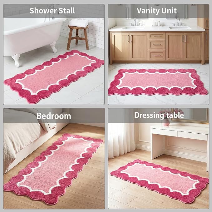 Cute Scalloped Rose Pink Bathroom Rugs Mat,Non Slip Absorbent Quick Dry Runner Rug for Shower Room Bedroom,Microfiber Long Bath Mat for Bath Floor Washable Carpet for Shower Tub Sink,24"x59"