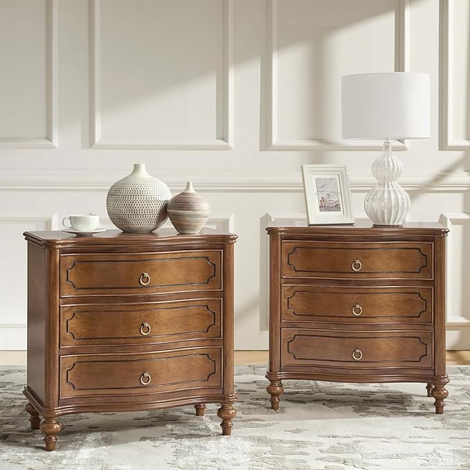 HULALA HOME Traditional Side Tables with 3 Drawers, Tall Side Table with Curved Front Profle Desgin, Charging Station, Solid Wood Legs, Set of 2, SEADRIFT