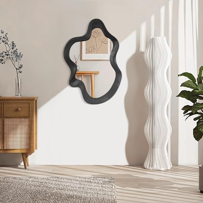 Large Irregular Wavy Mirror Modern Cloud Wall Mirror Asymmetrical Wooden Framed Wall Mirror Wall Mounted Unique Shape Vanity Artistic Mirror Decor for Bedroom Living Room Bathroom Entryway
