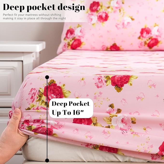 Bedlifes Queen Sheet Set Ultra Soft, Breathable, Silky Flower Deep Pocket 100% Microfiber Bedding, 4 Piece Queen Size Pink Floral(Red Rose)