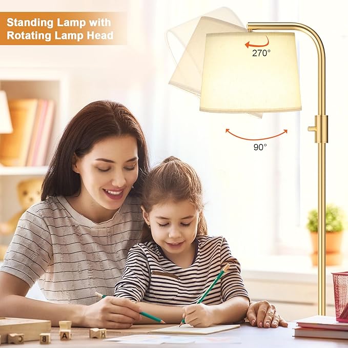 Ambimall Fully Dimmable Floor Lamp - Floor Lamps with 9W LED Bulb, Standing Lamps for Living Room with Adjust Head, Modern Standing Tall Light Rotary Switch for Office(Gold and Beige)