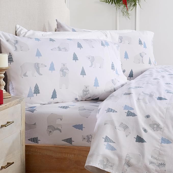 Market & Place 100% Turkish Cotton Flannel Sheet Set | 4 Piece Deep Pocket Novelty Cozy Winter Bed Sheets | Double Brushed for Extra Softness & Comfort | Alpine Collection (Queen, Polar Bears)