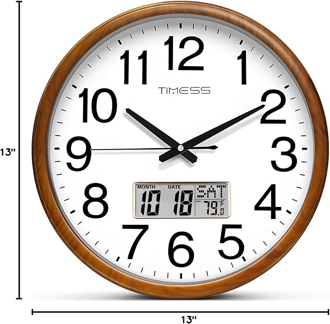 TIMESS Wall Clock, Classic Wood Style Finish, 13 Inch Non-Ticking Silent Battery Operated Quartz Analog with Perpetual Calendar and F° Temperature Display, Home, Office Décor (Chestnut Yellow)