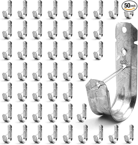 Itvexeme 50 Pack 2-Inch Large Cable Support J Hooks with Retainer Clips, Galvanized Steel J-Hook Wire Hangers for Cables, Wires, Cords Management and Organization