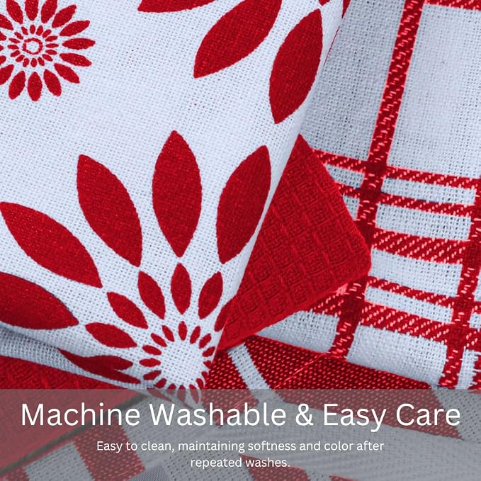 Assorted Kitchen Towels Set of 5-100% Cotton Dish Cloths Towels with Hanging Loop - Soft, Absorbent & Washable for Kitchen Use - Quick Drying Dish Towels 16x26 Inch Red