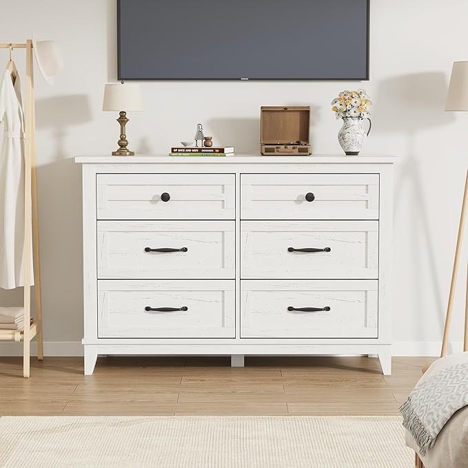 GarveeHome 6 Dresser for Bedroom, 47 in Wide Drawer Dresser with Storage Freestanding, Wooden Closet Storage Chest for Living Room, Bedroom, Entryway, White
