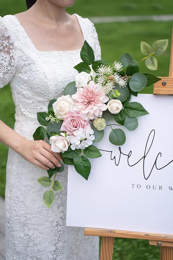 WEIERYUE(Pack of 2) Artificial Flowers Decorations,Artificial Arch Backdrop Garlandfor Ceremony Party Reception Entrance Welcome Easel Door Floral Decor Wall Home Entryway Outdoor(Ash Powder)