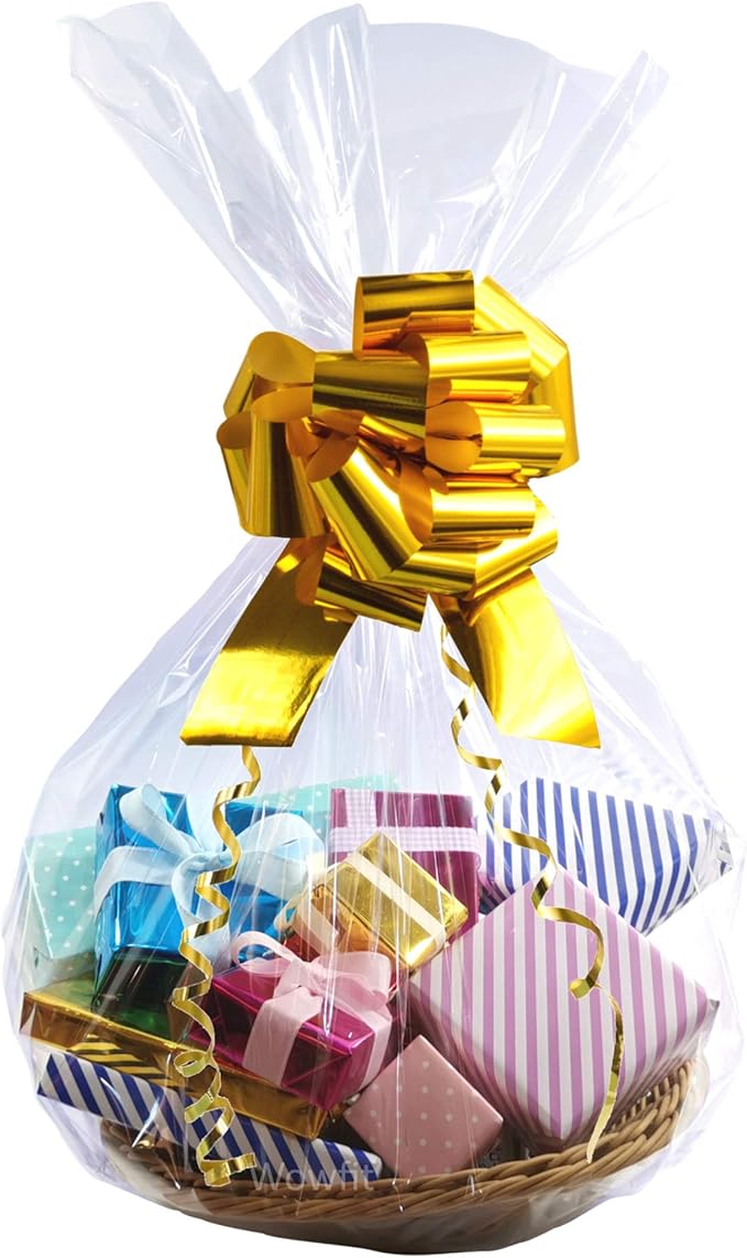 Wowfit Cello Bags,10 CT 24x30 inches Clear Cellophane Bags Perfect for Gift Baskets, Presents, Weddings, Bridal/Baby Showers and More (Flat, No Gusset, Ribbon Not included)