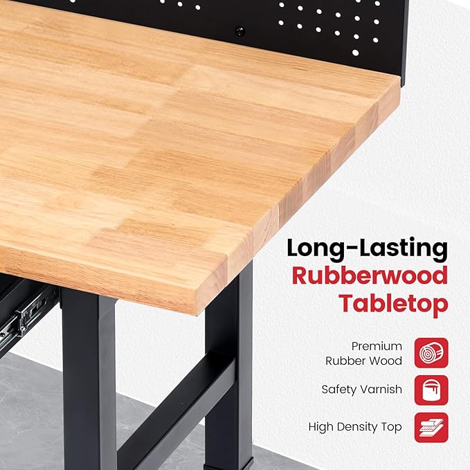 Workbench with Wheels 60 Inch Heavy Duty Rubberwood Tabletop Work Bench for Garage Adjustable Height Work Table with Pegboard, Drawers, Power Outlets for Woodworking, Home, Office, Workshop