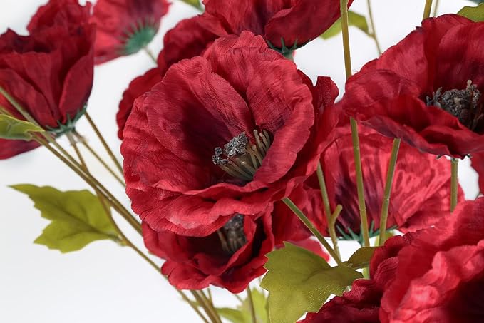 30 Heads 6 PCS Red Poppy Flowers Artificial Flowers Silk Flowers 32 in Poppy Flowers for Wedding Home Party Table Centerpiece Arrangement Decoration (Red)