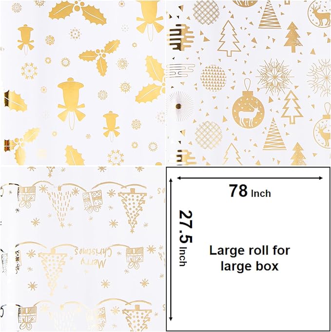 Linnoptimix Christmas Wrapping Paper Rolls -3 LARGE ROLL-27inch*78 inch per roll Colorful Foil White Gold wrapping paper(Christmas 3 White/Gold（002）)