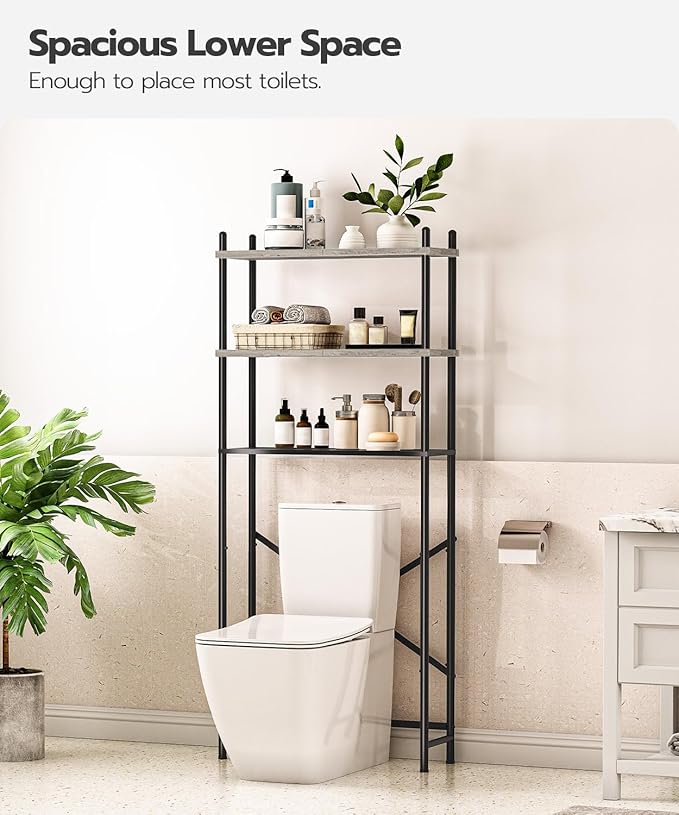 HOOBRO Over the Toilet Storage, 3-Tier Over Toilet Bathroom Organizer, Freestanding Above Toilet Shelf with Adjustable Feet, Space Saving, Easy Assembly, Greige and Black BG63TS01