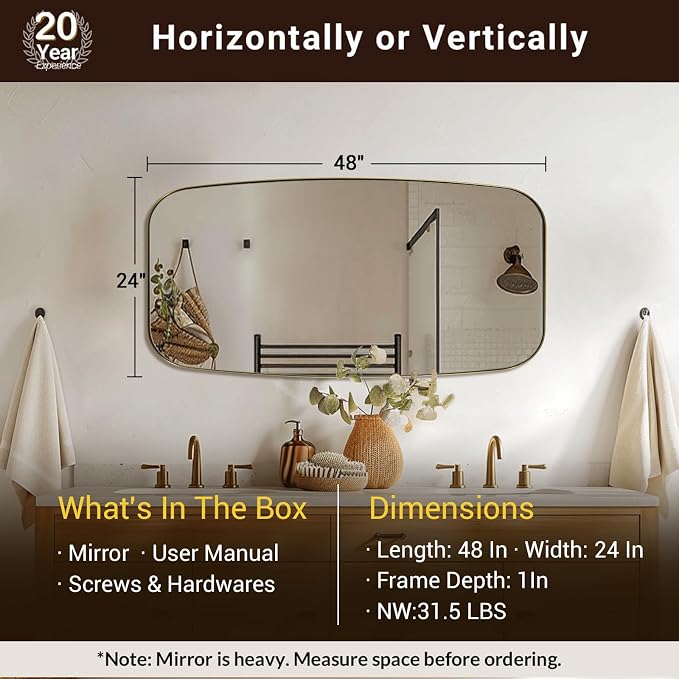 ANDY STAR 24x48 Gold Bathroom Mirror, Oblong Brass Mirror with Stainless Steel Metal Frame, Brushed Gold Oval Vanity Mirror for Over Sink, Modern Anti Rust Wall Mounted