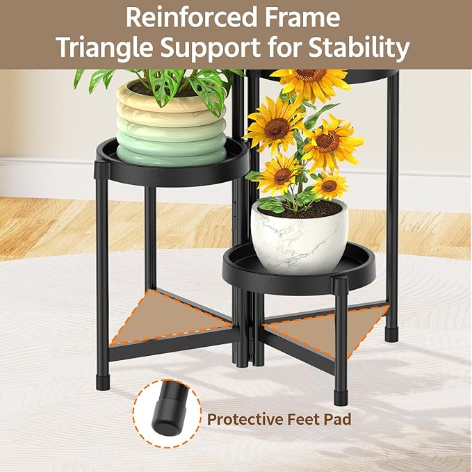 LASZOLA 4 Tiered Plant Stand Indoor Outdoor with Plastic Tray, Corner Folding Tall Flower Display Rack, Modern Plant Holder Shelf for Outdoor Patio Porch Garden Office Living Room, Black