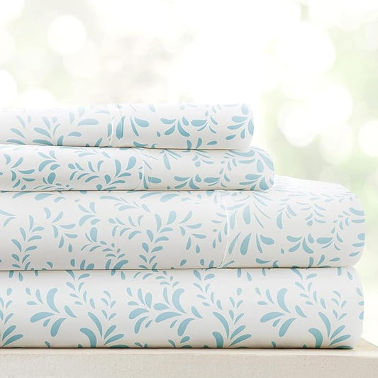 Linen Market Patterned Microfiber Full Sheet Set 4 Piece – Oeko-TEX Certified Ultra Soft & Wrinkle-Free - 16" Deep Pocket Sheets - Easy Care Full Size - Burst of Vines Light Blue