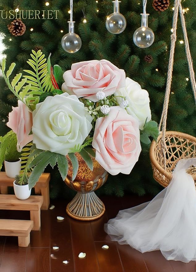 Ivory White Artificial Roses 25pcs, Real Looking Fake Foam Flowers with Stems for DIY Wedding Bridal Bouquets, Centerpieces, Party, Baby Shower, Christmas Decor