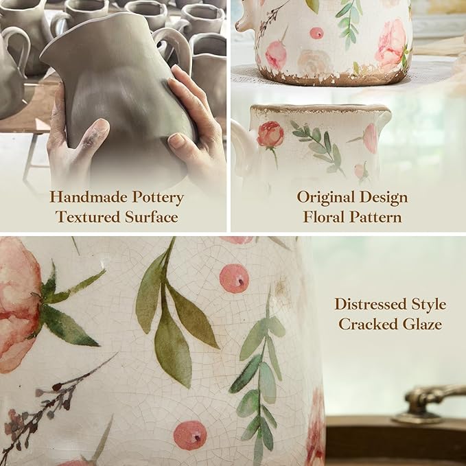 Vintage Fruit and Floral Ceramic Vase with Handle, Retro Ice Glazed Crack Farmhouse Pitcher Vase for Home Decor, Living Room, Shelf, Office, Rustic Table Centerpiece 7 Inch