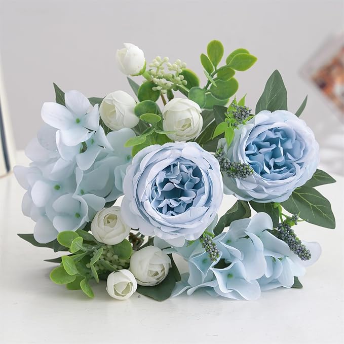 4 Bunches Peonies Artificial Flowers, Silk Peonies Flowers Fake Bouquet Faux Floral Arrangements for Centerpiece Table Wedding Party Home Decor (4, Blue White)