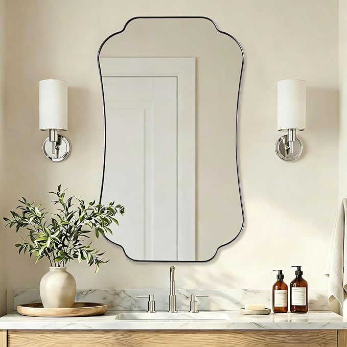 ANDY STAR 24"x40" Chrome Mirror, Scalloped Bathroom Wall Mirror in Anti-Rust Stainless Steel Metal Frame 1’’ Deep, Hangs Vertically/Horizontally