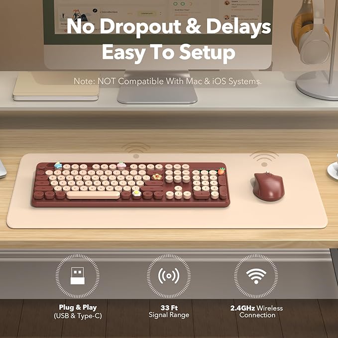 Wireless Keyboard and Mouse Combo, Retro Round Keycaps, Full-Size Cute Typewriter Keyboard with Large Phone/Tablet Holder, Auto-Sleep, 2.4GHz Cordless Connection for Windows/PC/Laptop (Wine Red)