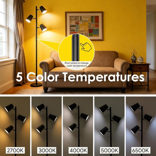Energetic Dimmable Floor Lamp - Modern LED Tree Design with 5 Color Temperatures | Adjustable Heads for Bedroom & Living Room - Black