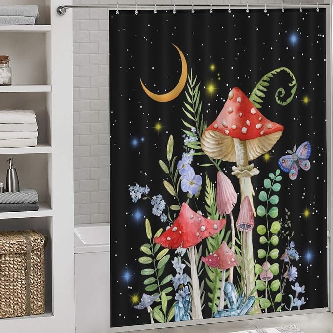 Mushroom Shower Curtain for Bathroom, Magic Gothic Fairy Forest Botanical Vintage Mushroom Wildflower Plants Herbs Farmhouse Country Waterproof Fabric Shower Curtain Set with Hooks, 72"x72" Inch