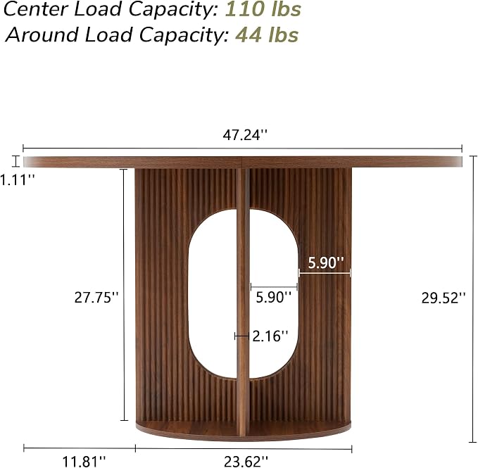 weselon Farmhouse Round Fluted Dining Table for 4, 47 Inch Circle Kitchen Table with Wooden Pedestal Base, Dinner Tables for Home Living Room Kitchen (Walnut)