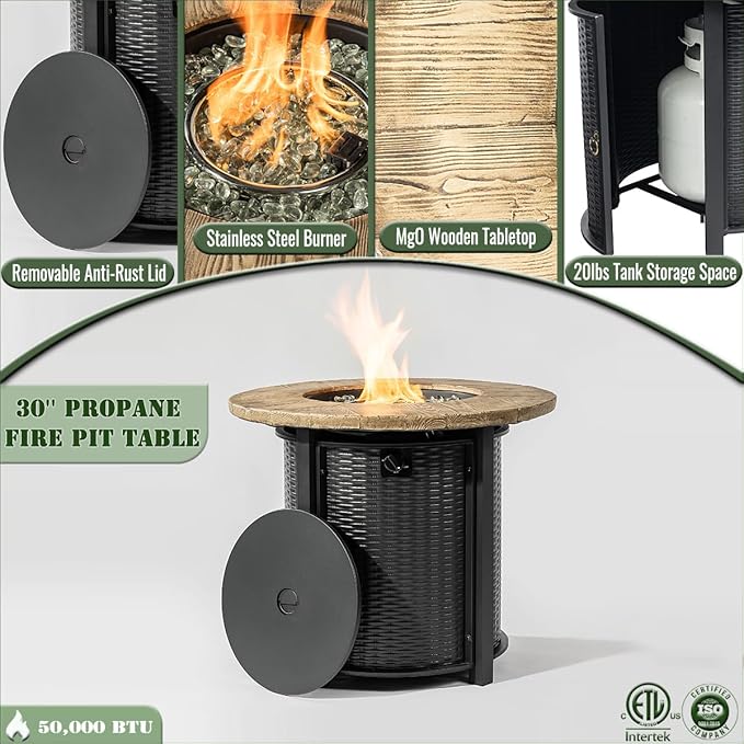 30" Propane Gas Fire Pit Table, 50000 BTU Imitation Wood Grain Finish Round Steel Fire Pit with Lid & Glass 2 in 1 Fire Pit Table Rock for Outside Patio Deck Garden Courtyard