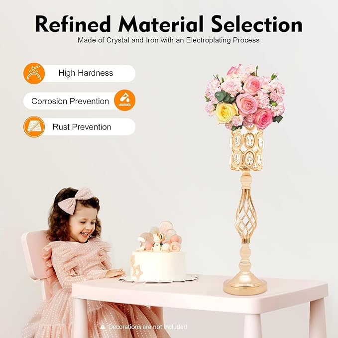 Crystal Wedding Flower Stand, 10pcs 24" Tall Metal Wedding Centerpiece Vase with Eva Pad, Gold Flower Holder Flower Vase Display Rack Centerpiece Decor for Outdoor Wedding Holiday Special Events Etc