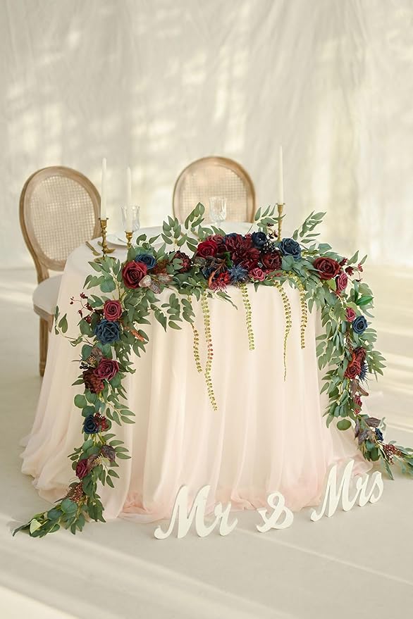 Ling's moment 9FT Eucalyptus and Willow Leaf Garland with White Flower, Handcrafted Wedding Sweetheart Table Centerpieces Head Table Decor Arch Backdrop Decorations for Wedding | Burgundy