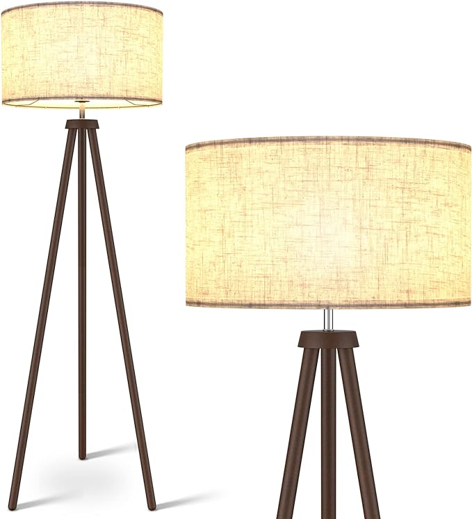 LEPOWER Wood Tripod Floor Lamp, Mid Century Standing Lamp for Living Room, Flaxen Lamp Shade, Modern Design Lamp with E26 Lamp Base, Tall Floor Lamp for Bedroom, Study and Office Walnut