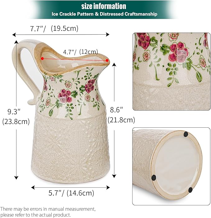Sungmor Embossed Ceramic Pitcher Vase, Decorative Beige Farmhouse Ceramic Pitcher for Flowers, Vintage Textured Vase for Table, Kitchen & Home Decor, 9.2 Inch with Ice Crackle Glaze Finish