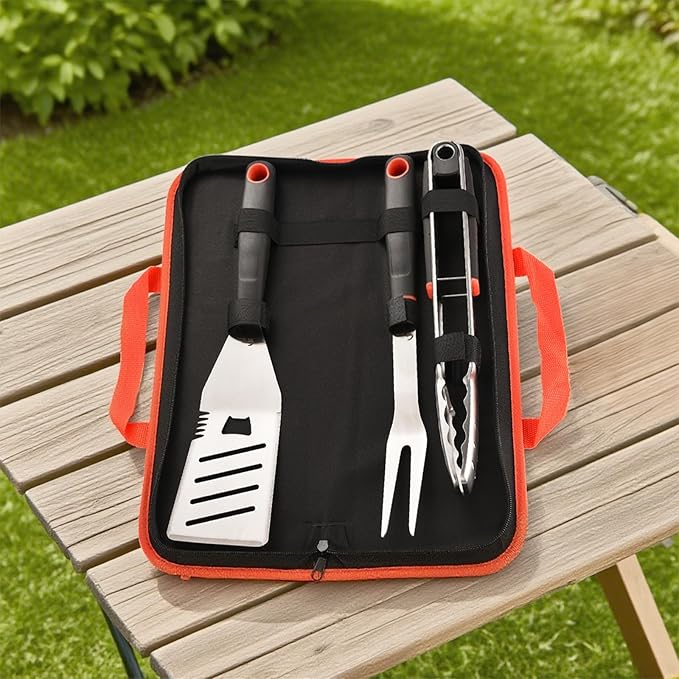 CuCut BBQ Tools Set, 4 PCS Heavy Duty Stainless Steel Spatula, Fork, Tongs with Portable Bag, Essential Accessories for Barbecue Outdoor Grill, Grilling Gifts for Men Dad Camp Chef