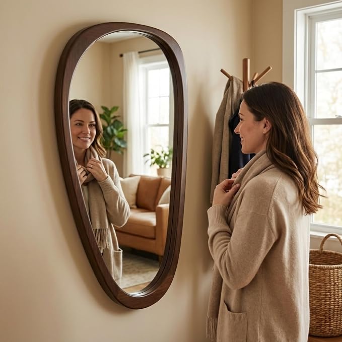 Solid Wood 48"x24" Large Full Length Irregular Mirror, Aesthetic Mid-Century Modern Statement Wall-Mounted Mirror, Modern Organic Asymmetrical Wooden Mirror, Dark Walnut