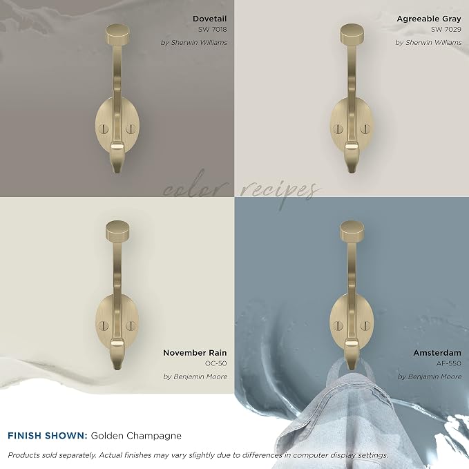 Amerock H55465BBZ | Adare Double Prong Decorative Wall Hook | Golden Champagne Hook for Coats, Hats, Backpacks, Bags | Hooks for Bathroom, Bedroom, Closet, Entryway, Laundry Room, Office