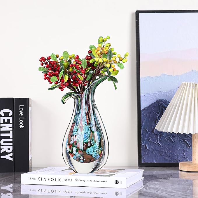 Green Hand Blown Glass Vase – Oval Decorative Art Glass for Centerpieces, Murano Inspired Decor for Dining Room, Entryway Table, or Shelf, Handmade Glass Vase for Home Display (Teal Green)