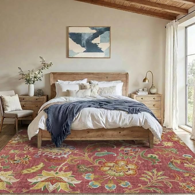 5x7 Area Rug Bohemian Vintage Floral Paisley Rug with Non Slip Backing, Washable Low Pile Burgundy Red Multi-Color Carpet for Bedroom, Living Room, Dining Room, Home Office, Farmhouse