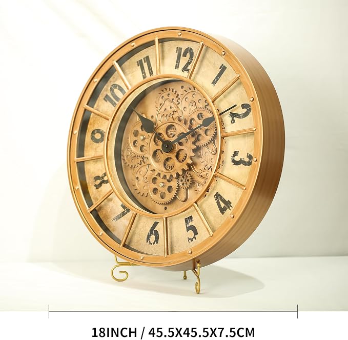 18 Inch Large Gear Clock with Realistic Moving Gears Industrial-Style Steampunk Wall Decor Clock Ideal for Living Rooms, Home Offices, Factories, Bedrooms, Warehouses, and Cabins (Gold, 18 inch)