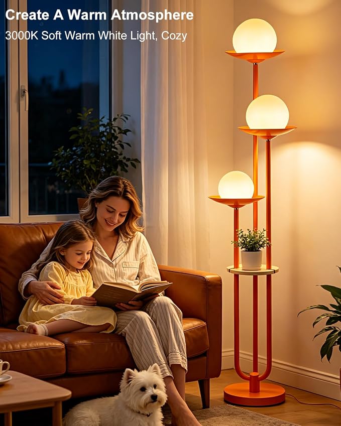 63IN Globe Floor Lamp with Shelf 3-Lights Modern Dimmable Orange Floor Lamps with 3000K Soft Warm White Bulbs for Wedding/Party, Tall Standing Lamp with 5Lbs Heavy Base for Living Room/Bedroom