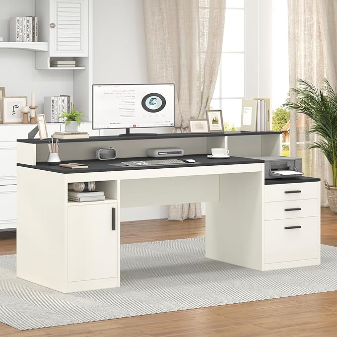 65 Inch Computer Desk with 3 Drawers & Storage Shelves, Executive Desk with File Drawer & Cabinet, Home Office Desk with Long Monitor Stand & Printer Shelf, Black & White