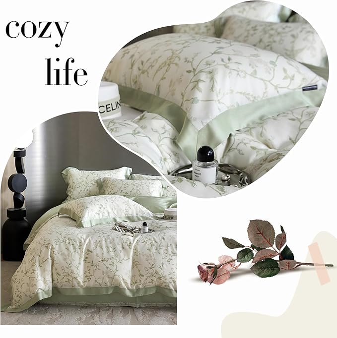VM VOUGEMARKET Lyocell Duvet Cover Set Queen with Green Floral Pattern,Silk-Like Smooth & Cool Comforter Cover Set with Corner Ties-Queen,Mint Green