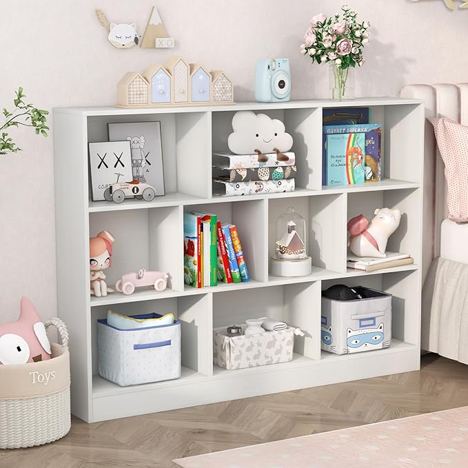 HONEY JOY Kids Toy Storage Organizer, 10-Section Wooden Floor Storage Cabinet, 41” Daycare Toy Chest, 3-Tier Kids Display Bookshelf for Classroom, Playroom & Nursery, Kindergarten (White)