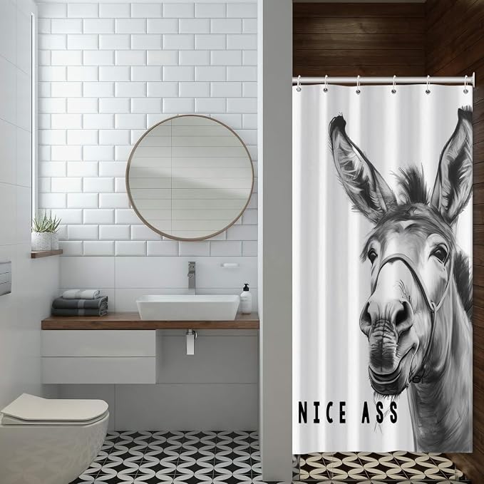 Funny Donkey Shower Curtains Joke Hilarious Animal Bathroom Curtain Rustic Farmhouse Cute Donkey White Shower Curtain Sets for Bathroom Extra Long 36x72 in with 6 Hooks