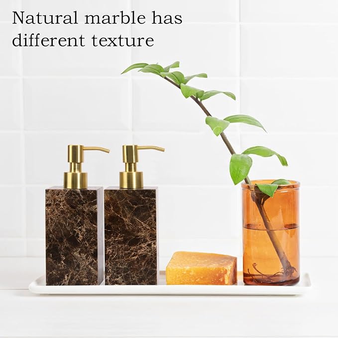 Natural Marble Soap Dispenser for Bathroom and Kitchen Countertop - 5.41 Ounces Hand Lotion and Liquid Stone Shampoo Laundry Bottle with Pump (1, Dark Brown, Rectangular Bottle)
