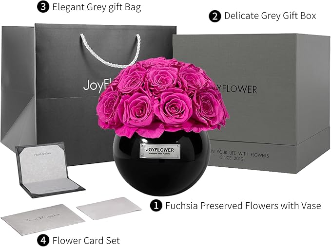 JoyFlower Preserved Flowers in Vase for Home Decor, Eternal Flower Real Roses with Glass Vase for Wedding House Bedroom Dining Living Room Office Table Centerpiece Decoration, Housewarming Party Decor