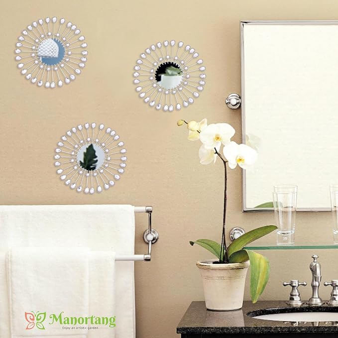 Silver Mirrors 3 PCE, 9 inchSunburst Mirror Hanging Wall Decor, Valentine Decorative Mirror Wall Art, Round Mirrors for Bedroom Living Room Bathroom Kitchen, Warming Valentine Gifts